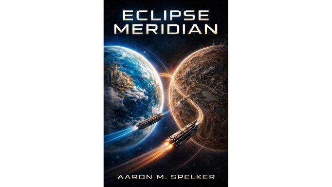 cover of 'Eclipse Meridian' by Aaron M. Spelker.  Writing is in a white futuristic font on a black background with images of 2 glowing planets with several fast-moving rocketships flying around and between them.